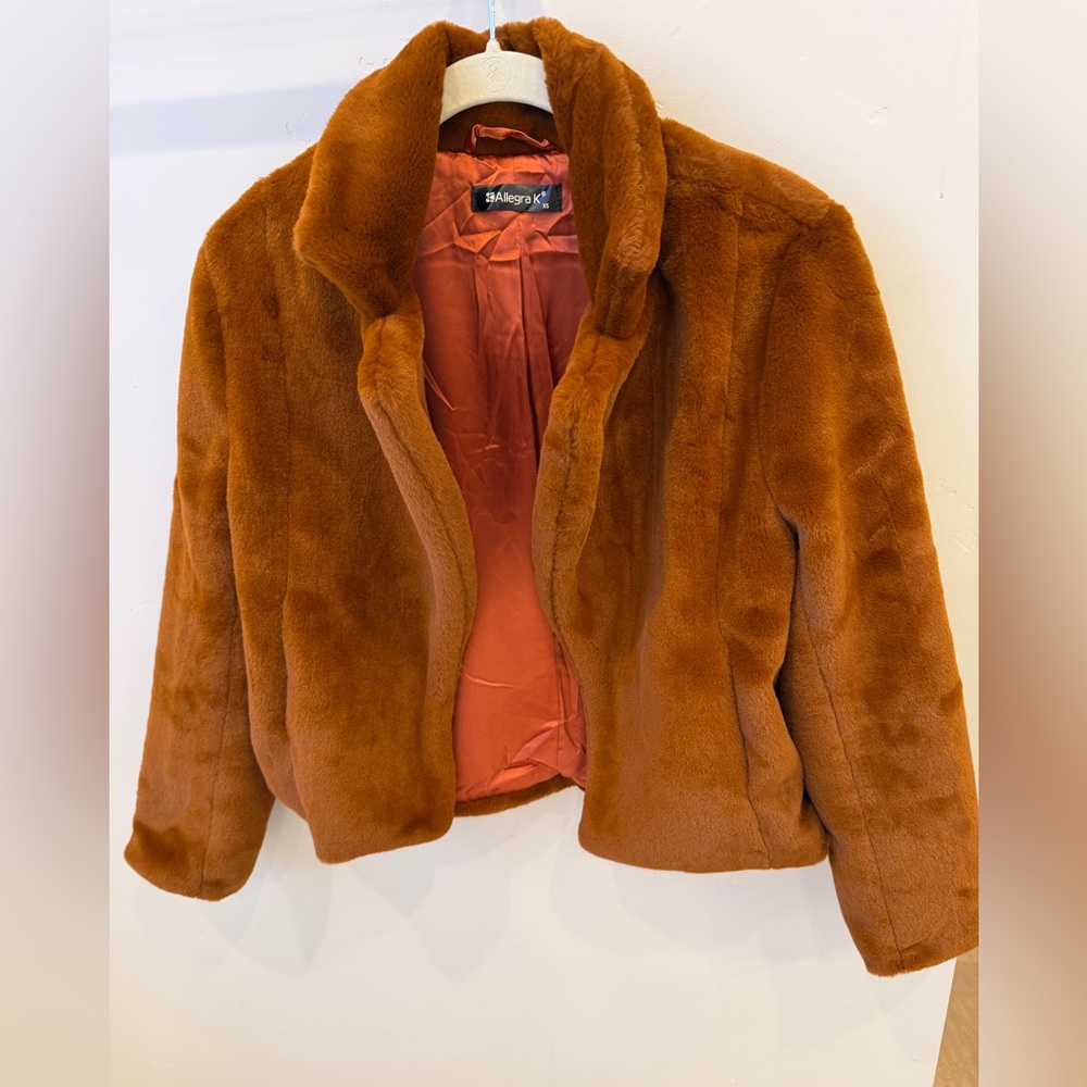 Allegra K Plush Faux Fur Jacket in Burnt Orange